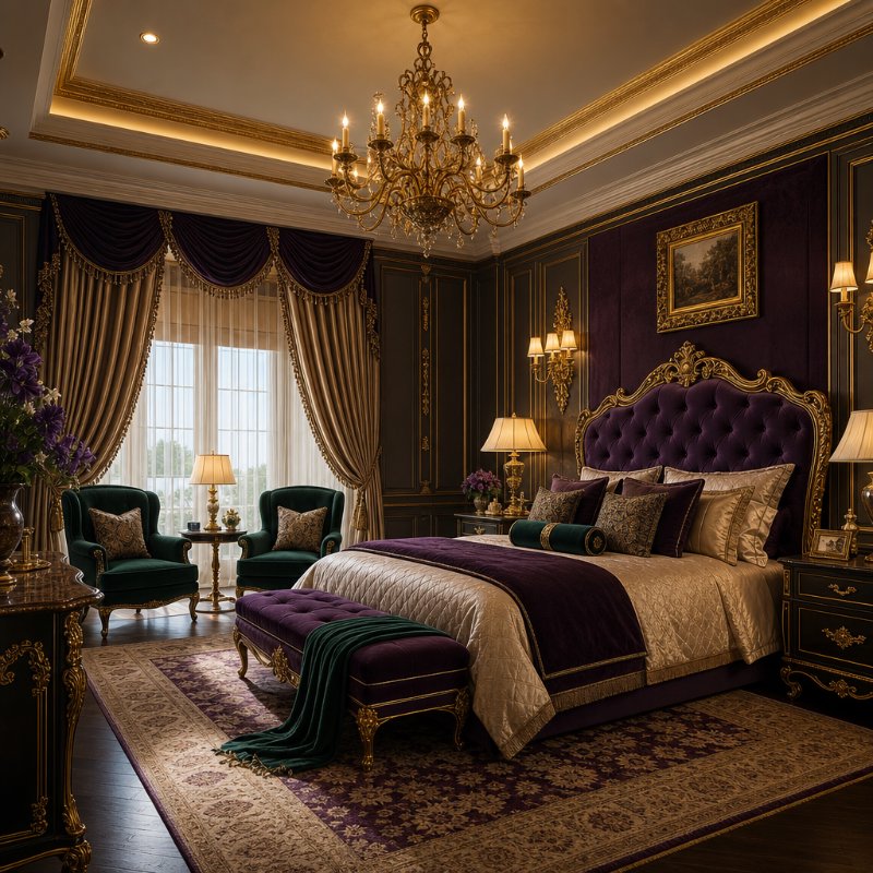 Opulent Master Bedroom with Silk Curtains and Gold Fixtures