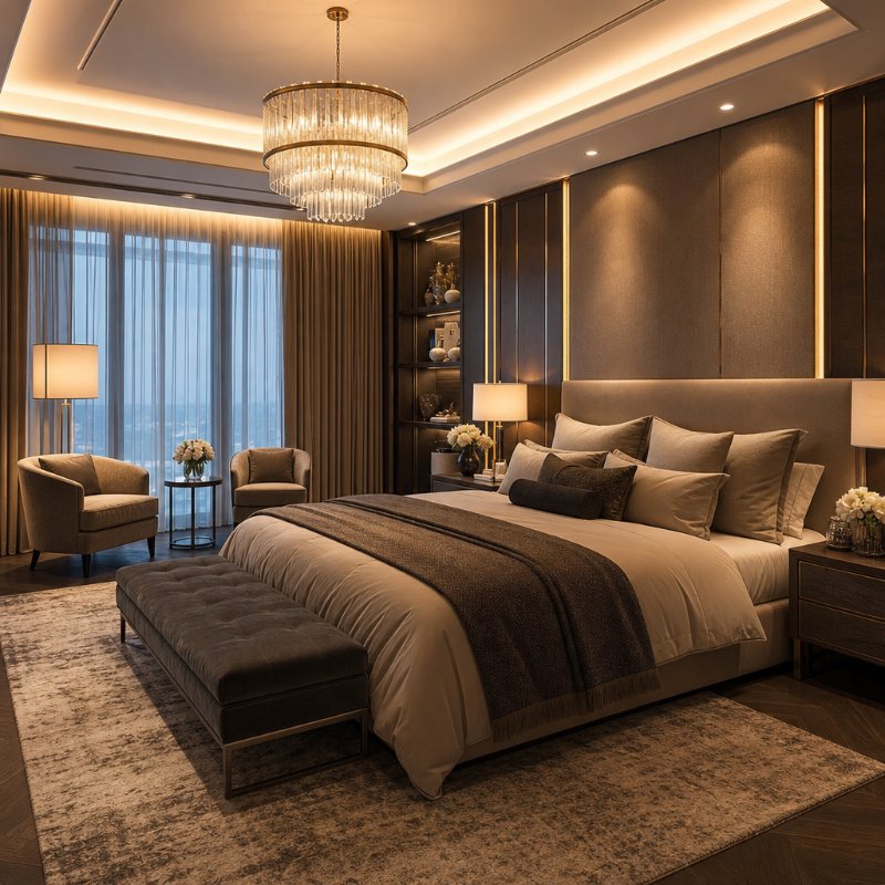 Five-Star Luxury Bedroom with Layered Textures and Oversized Bed