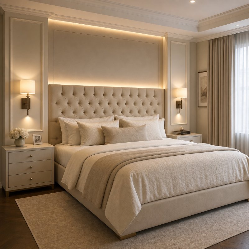Calm Master Bedroom with Tufted Headboard and Cream Palette