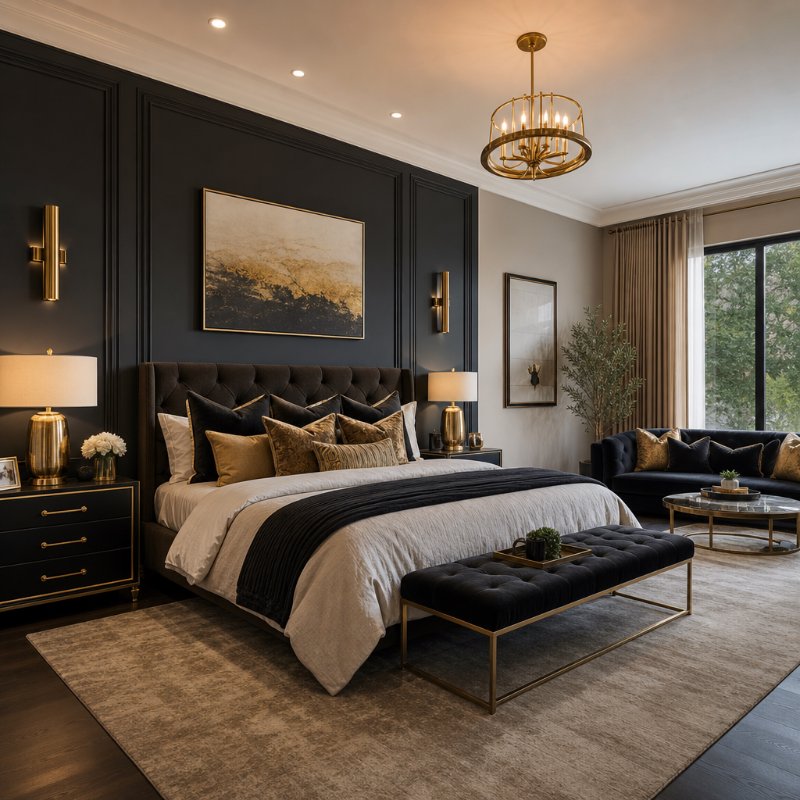 Spacious Master Bedroom with Dark Feature Wall and Gold Accents