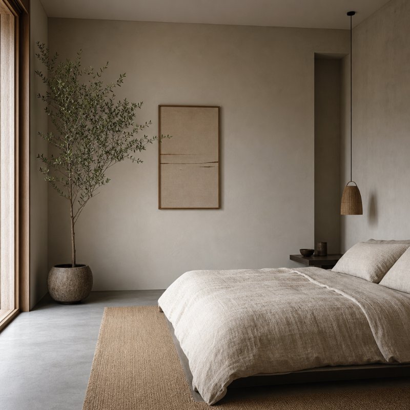 Zen Minimalist Bedroom with Natural Linen and Concrete Floor