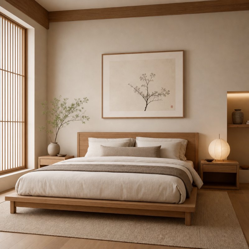 Japandi Minimalist Bedroom with Warm Neutrals and Wood Frame