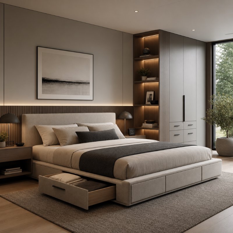 Contemporary Bedroom with Fabric Platform Bed