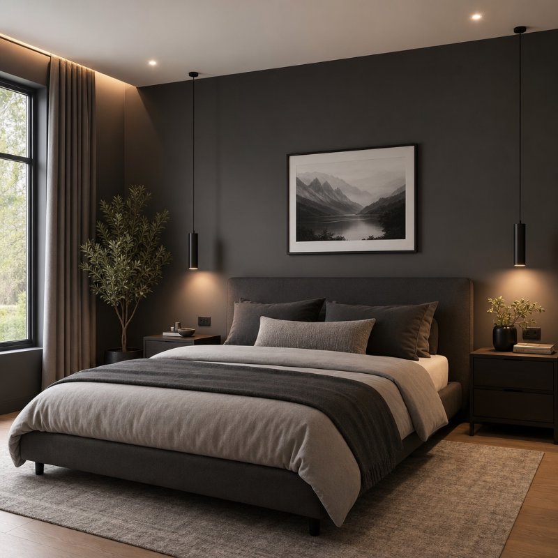 Modern Bedroom with Charcoal Feature Wall and Soft Lighting