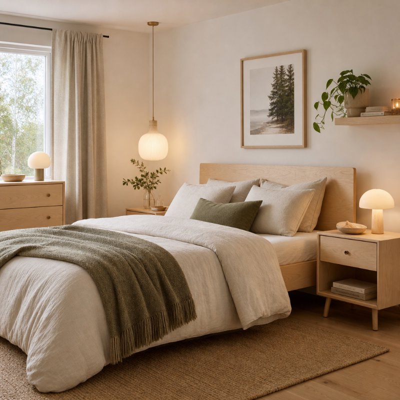 Cozy Scandinavian Bedroom with Birch Wood and Linen