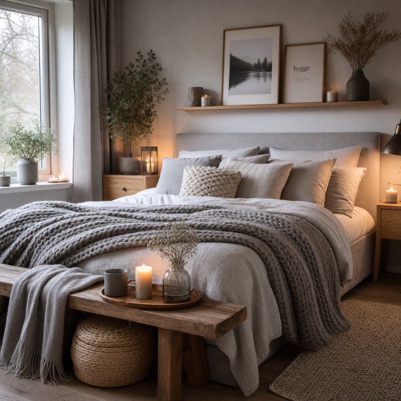 Nordic Hygge Bedroom with Grey Tones and Knitted Throws