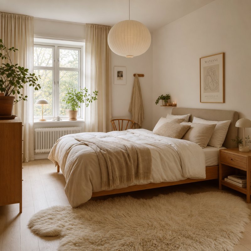 Warm Scandinavian Bedroom with Cream Tones and Sheepskin